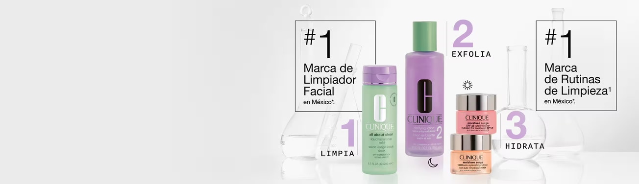 Rutina sencilla Clinique. Limpiador, exfoliante e hidratante de rostro.